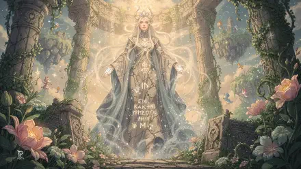 Forgotten god — an ethereal robed goddess glowing amid vine-wrapped ruined pillars and blooming flowers, runes on her gown; 4K Ultra HD PC desktop wallpaper background.