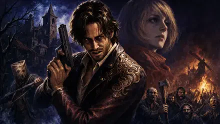 Resident Evil 4 4K Ultra HD PC desktop wallpaper: Leon with gun in foreground, Ashley behind him, burning village and castle under a stormy night sky.