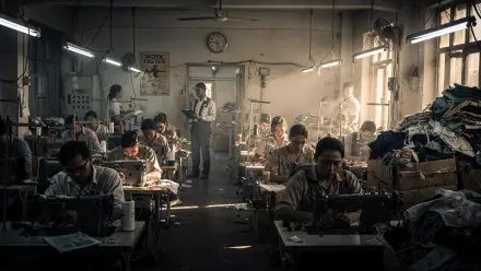 4K Ultra HD PC desktop wallpaper showing a dim, crowded garment sweatshop: rows of workers at sewing machines, an overseer, fabric piles and dusty light, evoking commercial exploitation.