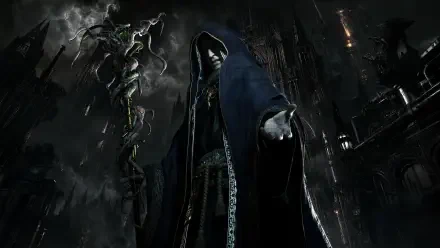 Osmund Saddler in a hooded robe reaches toward the viewer amid stormy gothic ruins, writhing tendrils behind; 4K Ultra HD PC desktop wallpaper/background.