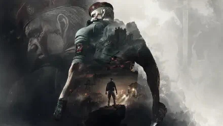 4K Ultra HD PC wallpaper: Jack Krauser stands with raised blade, his form blending into a war-torn city and lone silhouetted figure amid smoky gray tones.