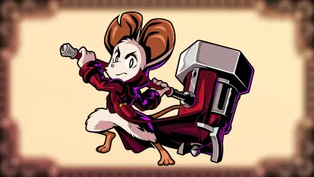HD PC desktop wallpaper of Minna The Hollower: a determined mouse protagonist in a cloak charging with a massive hammer on a parchment-toned background, video game artwork