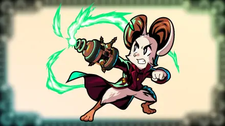 HD PC desktop wallpaper and background: video game Minna The Hollower — fierce anthropomorphic mouse in a burgundy cloak firing crackling green magical energy from a gauntlet.