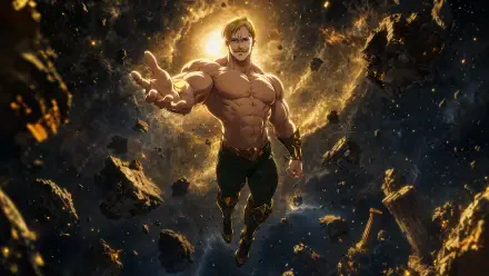 Escanor (The Seven Deadly Sins) towering, radiant and muscular amid floating molten debris with a blazing sun halo behind him — 4K Ultra HD PC desktop wallpaper/background.