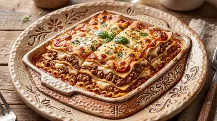 5K Ultra HD PC desktop wallpaper background featuring a freshly baked layered lasagna in a decorative ceramic dish, golden melted cheese, savory meat filling and basil garnish.