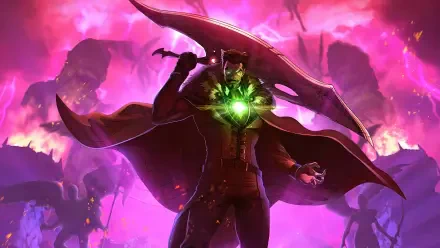 Devil May Cry (2025) 4K Ultra HD PC wallpaper: cloaked demon swordsman clutching a glowing green heart amid a pink-purple hellscape, bats and swirling fire.
