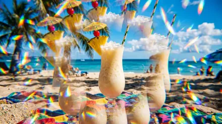 Pina Colada glasses on a sunlit tropical beach with parasols and prism light flares — 5K Ultra HD PC desktop wallpaper/background.