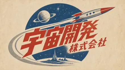 Retro Japanese logo featuring a rocket, planet and red kanji '宇宙開発株式会社' in a vintage space style — 4K Ultra HD PC desktop wallpaper/background.