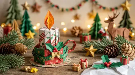 Christmas candle centerpiece amid an origami cup, mini gifts, pinecones and festive garland; 5K Ultra HD PC desktop wallpaper and background.