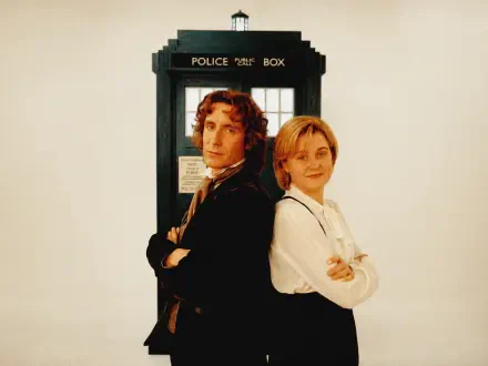 Doctor Who (2005) 4K desktop wallpaper: the Doctor and Charley Pollard stand back-to-back in front of the TARDIS — Big Finish Productions.