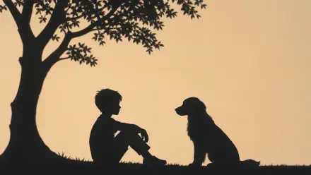 Silhouette of a boy and dog sitting under a tree at sunset — 4K Ultra HD PC desktop wallpaper and background.