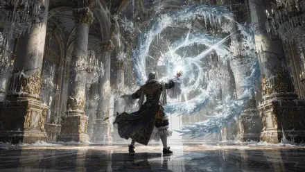 4K Ultra HD PC desktop wallpaper: lone mage casts a swirling ice-magic rune circle inside a grand cathedral-like hall.