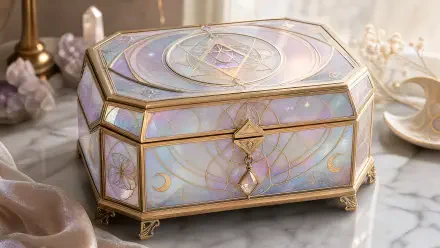 Ornate iridescent jewelry box with gold filigree, crescent motifs and crystal pendant on marble — 4K Ultra HD PC Desktop Wallpaper and Background.