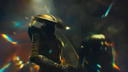 Embo (Star Wars) in shadowed armor and wide-brimmed hat, blade raised amid prism light flares and smoky darkness — 4K Ultra HD PC desktop wallpaper and background.