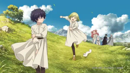 Anime HD PC desktop wallpaper — Witch Hat Atelier: two young witches in white robes play on a sunlit grassy hill, a small white creature scurries by, friends watch under a blue sky.