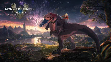 Monster Hunter Stories 3: Twisted Reflection — 4K Ultra HD PC desktop wallpaper of a rider atop a giant raptor-like monster, overlooking a luminous valley under a dramatic twilight sky.