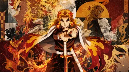 Kyojuro Rengoku stands with sword drawn amid roaring flames in a vibrant 4K Ultra HD PC desktop wallpaper and background.
