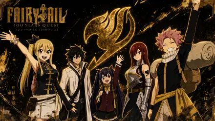 Fairy Tail: 100 Years Quest — Fairy Tail cast posed before a glowing golden guild emblem, rendered as a 4K Ultra HD PC desktop wallpaper/background.