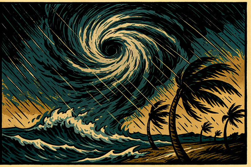 {{ 4K Ultra HD PC desktop wallpaper and background: stylized hurricane spiraling over a turbulent sea, heavy rain streaks and wind‑bent palm trees on a stormy shore. 