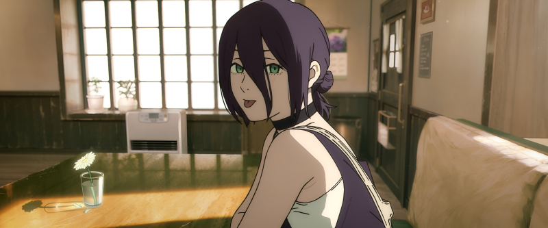 {{ 2K Quad HD PC desktop wallpaper of Reze (Chainsaw Man): anime character with purple hair and green eyes looking over her shoulder in a sunlit room. 