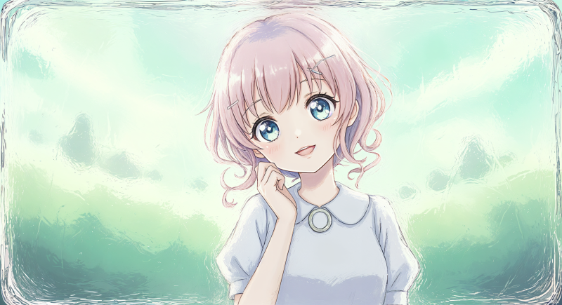 {{ Cute anime 4K Ultra HD PC desktop wallpaper — pastel portrait of a smiling pink-haired, blue-eyed girl with soft curls against a bright sky and misty green landscape.