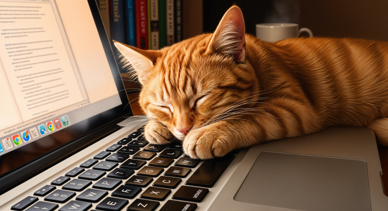 {{ 4K Ultra HD PC desktop wallpaper and background: orange tabby cat sleeping on a laptop keyboard, paws tucked in, with books and a mug softly blurred in the background.