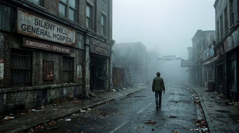 {{ Silent Hill 5K Ultra HD PC desktop wallpaper and background — lone figure walks a fog-shrouded, desolate street past the boarded Silent Hill General Hospital. 