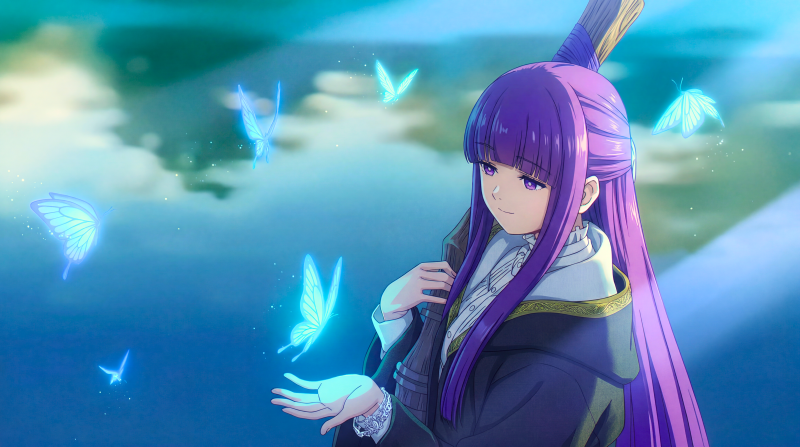 {{ Frieren (Frieren: Beyond Journey's End) and Fern anime mage amid glowing butterflies on a cliff, serene 5K Ultra HD desktop wallpaper background. 