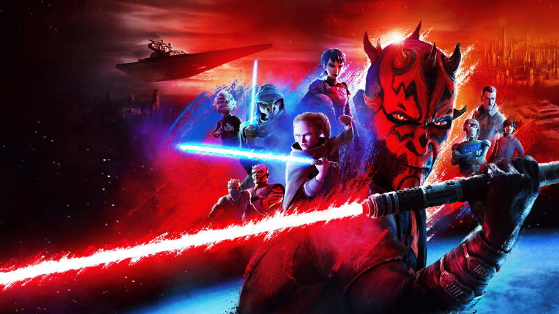 {{ Star Wars: Maul – Shadow Lord 4K Ultra HD PC desktop wallpaper: Darth Maul foreground with double-bladed red lightsaber, ensemble of characters and starships against a red-blue cosmic backdrop. 