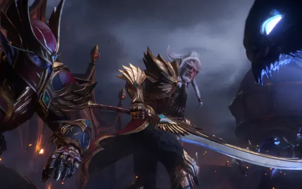 HD PC desktop wallpaper: World of Warcraft: Midnight armored elf with a glowing sword confronting a shadowy maw beneath stormy skies.