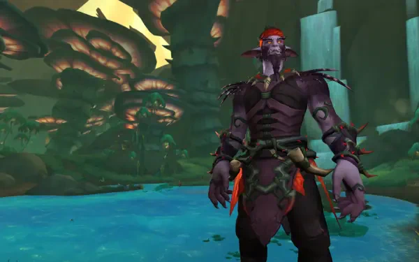 4K Ultra HD PC desktop wallpaper/background from the video game World of Warcraft: Midnight, featuring a night elf standing by glowing blue water beneath towering bioluminescent fungi.