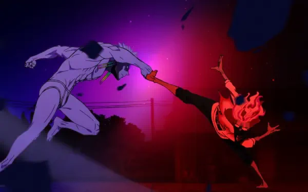 Anime Dandadan HD desktop wallpaper: Jin Enjouji delivers a flaming kick to a shadowy foe against a neon purple-red cityscape.