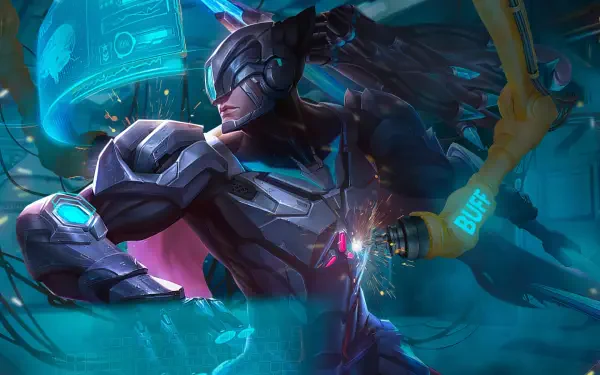 HD PC wallpaper of Alpha (Mobile Legends) from the mobile game Mobile Legends: Bang Bang — armored cybernetic hero lunging through a teal-lit futuristic battlefield.
