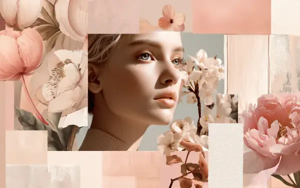 Pastel pink aesthetic collage: a girl's portrait amid soft floral motifs and geometric panels — HD PC desktop wallpaper/background.