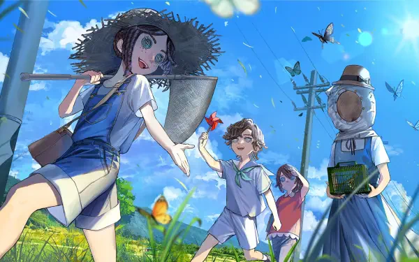 HD PC desktop wallpaper/background for the video game Identity V: four characters in a sunlit meadow—straw-hat girl with a shovel and children chasing butterflies beneath a bright blue sky.