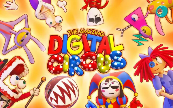 HD PC desktop wallpaper from the TV show The Amazing Digital Circus: logo centered amid colorful, whimsical cartoon circus characters — clowns, jester, monsters and playful props.