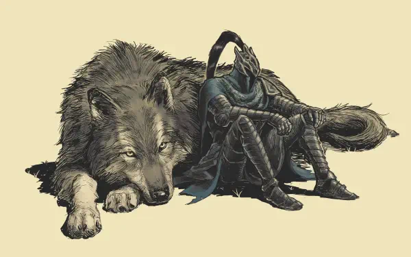 HD PC desktop wallpaper of the Dark Souls video game: armored knight Artorias in battered plate resting beside the great wolf Sif on a pale background.