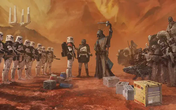 HD PC desktop wallpaper: Star Wars movie scene of stormtroopers with a Stormtrooper Commander on a red desert, facing an armed figure and droids — cinematic sci‑fi battlefield background.