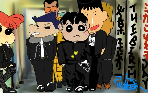 Anime HD PC desktop wallpaper: Crayon Shin-chan characters led by Shinchan Nohara in black school uniforms, posing in a stylized urban background.