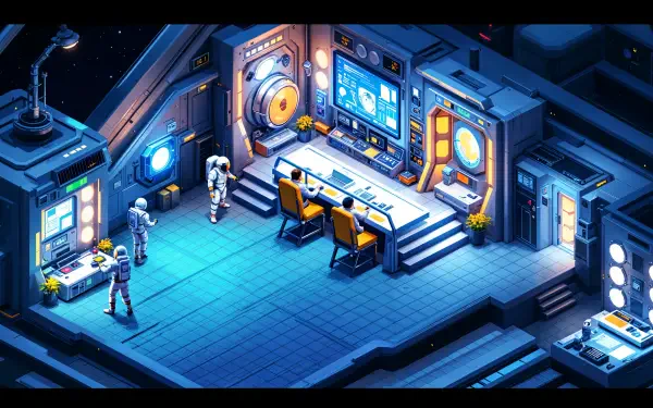 4K Ultra HD PC Desktop Wallpaper and Background: isometric sci‑fi space station control room with glowing consoles, monitors, stairs and astronauts bathed in cool blue light.