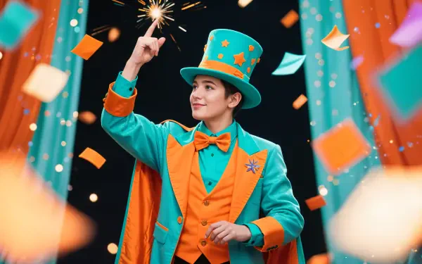 4K Ultra HD PC Desktop Wallpaper and Background: vibrant magician in teal and orange top hat and cape sparks a wand amid flying confetti.