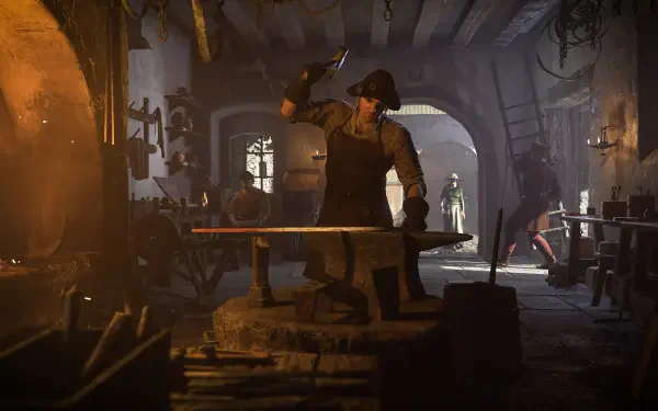 4K Ultra HD PC wallpaper from the video game Kingdom Come: Deliverance II: a medieval blacksmith hammers a red-hot blade in a dim, smoke-filled forge.