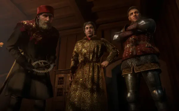 4K Ultra HD PC desktop wallpaper from the video game Kingdom Come: Deliverance II — low-angle view of three armored, richly dressed medieval men standing in a dim, wooden hall, stern faces.