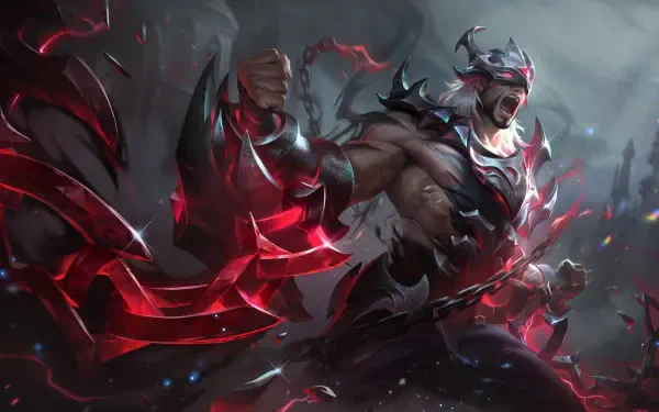 HD PC desktop wallpaper of Sylas from League of Legends in T1-themed dark armor, roaring and wielding glowing red chains amid shattered rubble and swirling embers.