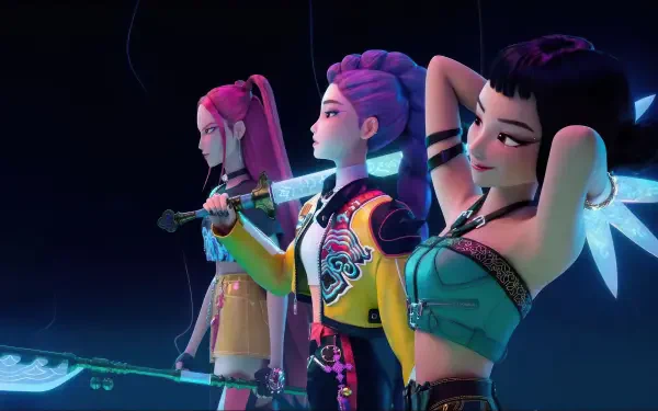 4K Ultra HD PC desktop wallpaper for the movie KPop Demon Hunters featuring Rumi, Zoey, and Mira in neon-lit profile, poised with weapons and fierce expressions.