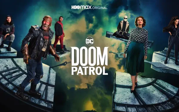 4K Ultra HD PC desktop wallpaper of the Doom Patrol TV show: the ensemble on shattered clock platforms over a stormy green sky with DC logo at center.