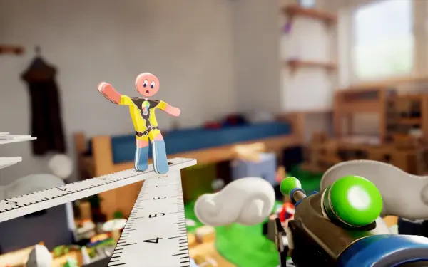 Supraworld video game HD PC desktop wallpaper: toy-like figure balances on a measuring ruler over a messy bedroom, bright first-person gadget visible in the foreground.