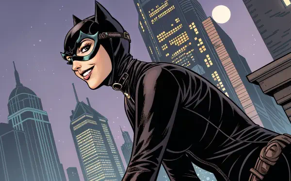 Catwoman in a glossy black catsuit and goggles, perched on a rooftop against a moonlit Gotham skyline — 4K Ultra HD PC desktop wallpaper/background.