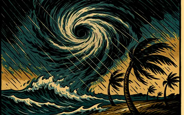 4K Ultra HD PC desktop wallpaper and background: stylized hurricane spiraling over a turbulent sea, heavy rain streaks and wind‑bent palm trees on a stormy shore.