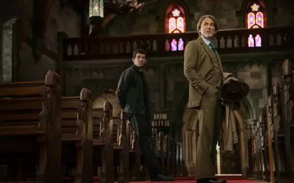 8K Ultra HD PC desktop wallpaper and background from the movie Wake Up Dead Man: A Knives Out Mystery — two coat‑clad figures stand among wooden pews in a dim, stained‑glass church interior.